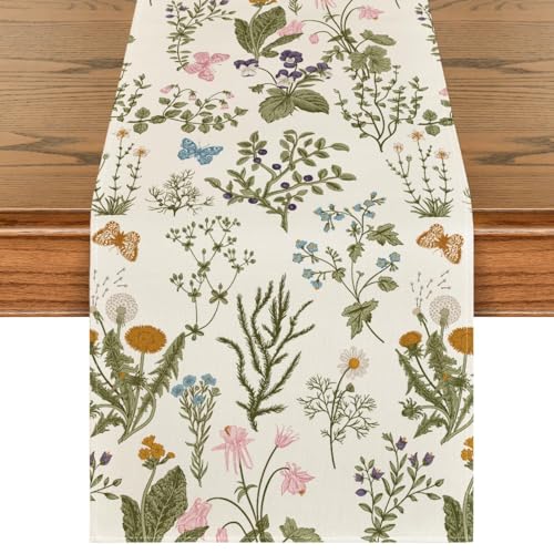 Artoid Mode Wildflowers Floral Spring Table Runner, Seasonal Summer Butterfly Kitchen Dining Table Decoration for Home Party 13x72 Inch