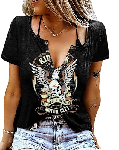 Vintage Rock Roll Concert T-Shirt Women Loose Casual Shirt Tops Funny Skeleton Eagle Graphics V Neck Short Sleeve (Medium,Black)