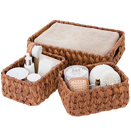 GRANNY SAYS Wicker Baskets for Organizing, Wicker Storage Baskets for Shelves, Set of Small Wicker Baskets, Toilet Basket Tank Topper, Caramel Orange, 3-Pack