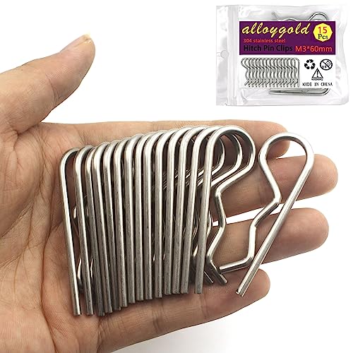 Alloygold 15Pcs Heavy Duty Hitch Pins Clip R Clips Cotter Pins, Stainless Steel Spring Retaining Wire Hair Pins， Large for Trailer Tractors Mower Carts Truck Pin Clip，Strong Spring Tension M3x60mm