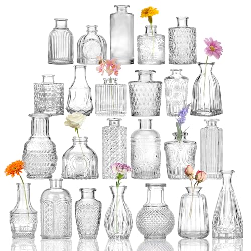 CUCUMI 24 Small, Glass Mini Bud Vase Set for Flowers in Bulk for Rustic Wedding Decorations Vintage Look Home Table Decor, Centerpieces, Clear