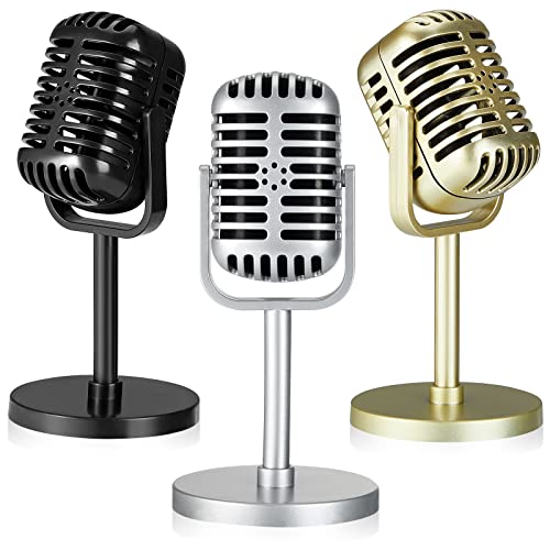 3 Pcs Retro Microphone Props Vintage Microphone Toy Prop with Stand Model Plastic Fake Microphone Antique Prop Mic for Party Role Play Stage Table Decorations, 6.5 x 3.15 x 3.15 Inch, 3 Colors