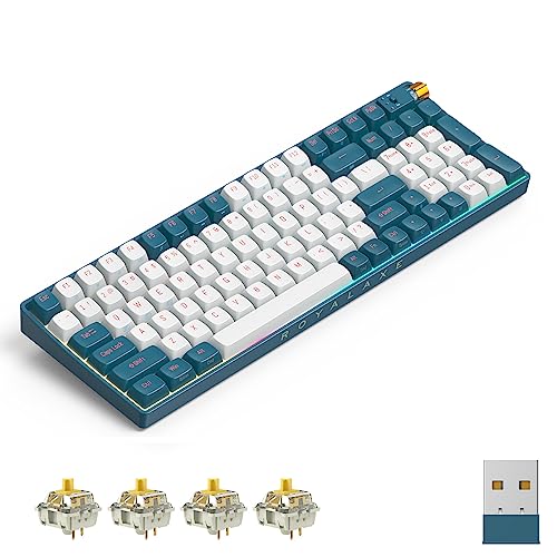 ROYALAXE R100 Wireless Mechanical Keyboard, Gateron G Pro 3.0 Yellow Switch, Hot Swappable Wired/Bluetooth/2.4G Wireless Keyboard with RGB Light for Windows & Mac, PBT Keycaps, Whale Blue