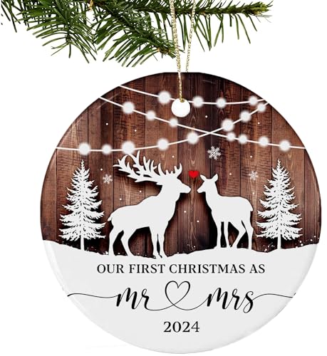 Our First Christmas Married Ornament 2024,Just Married Christmas Ornament as Mr and Mrs, First Year Newlywed 2.9' Ceramic Round Ornament, Wedding Decoration for Couple Married