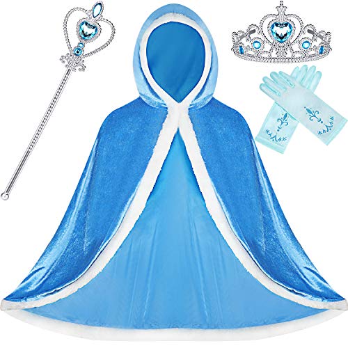 SATINIOR 4 Pieces Fur Princess Hooded Cape Cloaks Costume for Girls Princess Costumes Party Accessories (Height 43 Inch/ 110 cm, Blue)