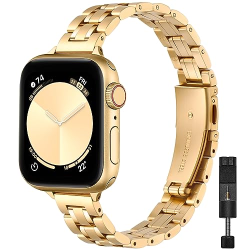 STIROLL Thin Replacement Band Compatible for Apple Watch 38mm 40mm 41mm 42mm 44mm 45mm 49mm, Stainless Steel Metal Wristband Women Men for iWatch Ultra SE Series 9/8/7/6/5/4/3/2/1(Gold,38mm/40mm/41mm)