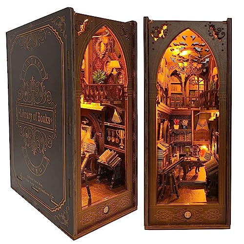CRIOLPO Book Nook Kit - DIY Dollhouse Booknook, Book Nook Miniature Kit for Bookshelf Insert Decor Crafts for Adults Teen Halloween, 3D Wooden Puzzle Bookends with Sensor Led Light