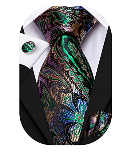 Hi-Tie Silk Green Designer Paisley Ties for Men Novelty Necktie and Pocket Square Cufflinks Set