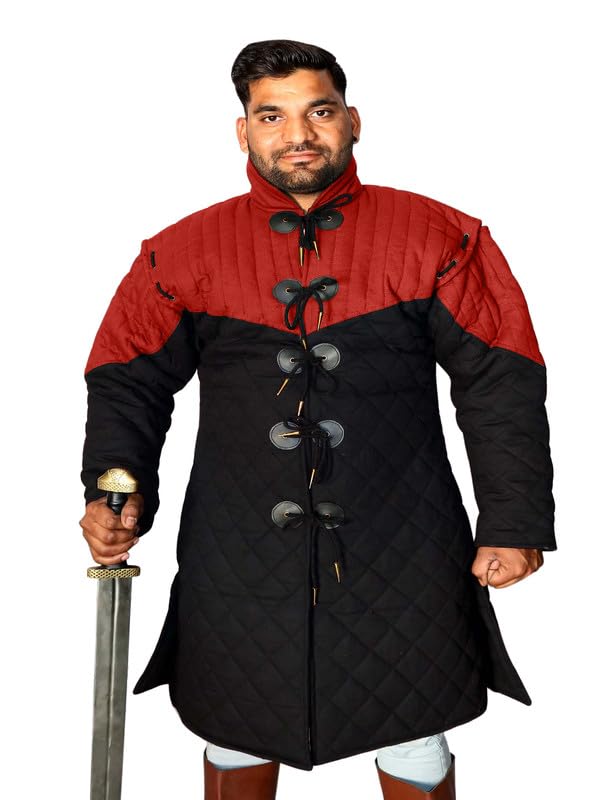 THE MEDIEVALS Medieval Thick Padded Full Length Full Sleeves Gambeson Coat Aketon Jacket Armor, Red & Black - X-Large