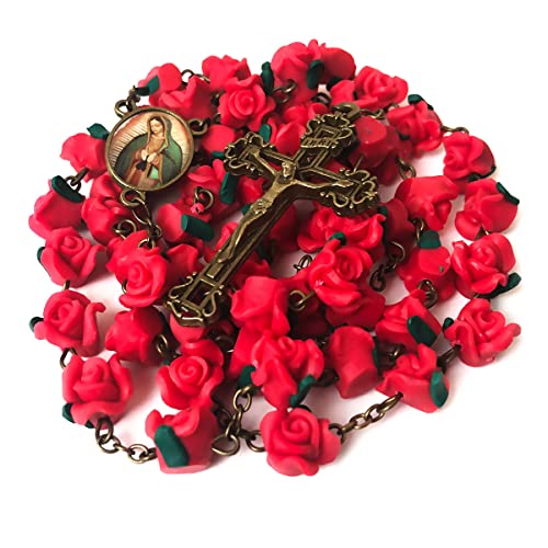 Our Lady of Guadalupe Rosary - Rosary Beads Necklace for Women - Catholic Communion Gift - Red Rose Garden Rosary Antique Bronze