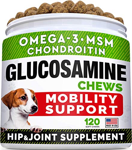 Glucosamine Treats for Dogs - Joint Supplement w/Omega-3 Fish Oil - Chondroitin, MSM - Advanced Mobility Chews - Joint Pain Relief - Hip & Joint Care - Chicken Flavor - 120 Ct - Made in USA