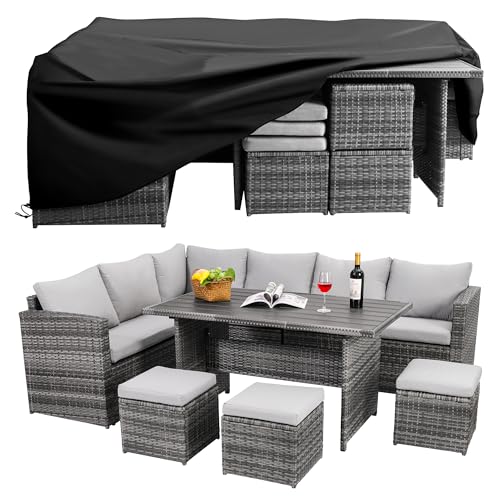 Wumiokio Patio Furniture Set, 7 Pieces Outdoor Patio Furniture with Dining Table&Chair, All Weather Wicker Conversation Set with Ottoman,Grey (Include Sofa Dust Cover)