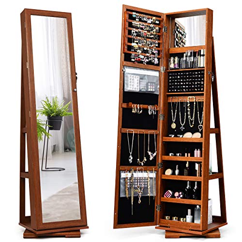 CHARMAID 360° Swivel Jewelry Armoire with Higher Full Length Mirror, Standing Lockable Jewelry Cabinet Organizer with Large Storage Capacity, Inside Makeup Mirror, Rear Storage Shelves (Walnut)