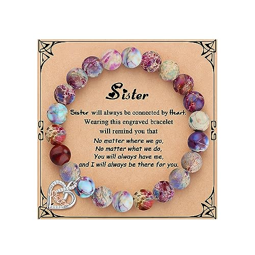 JoycuFF Birthday Gifts for Sister Bracelet, To My Sisters Gift from Brother, Unique Colorful Imperial Jasper Natural Stone Bracelets for Women, Back To School Christmas Jewelry Trendy Stuff