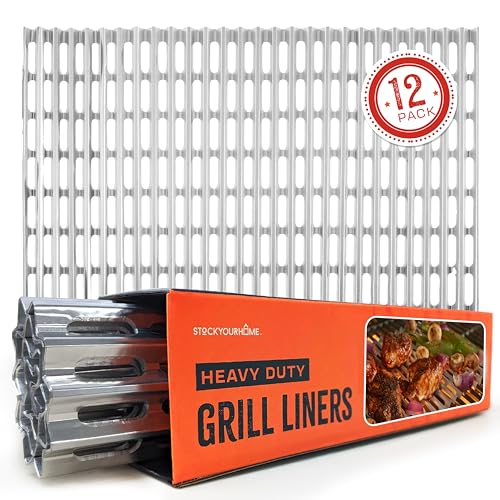 Stock Your Home 12 Pack Aluminum Grill Grate Liners, 12' x 20' No Mess Foil Disposable Grill Toppers for Outdoor Charcoal BBQs, Grilling Accessories