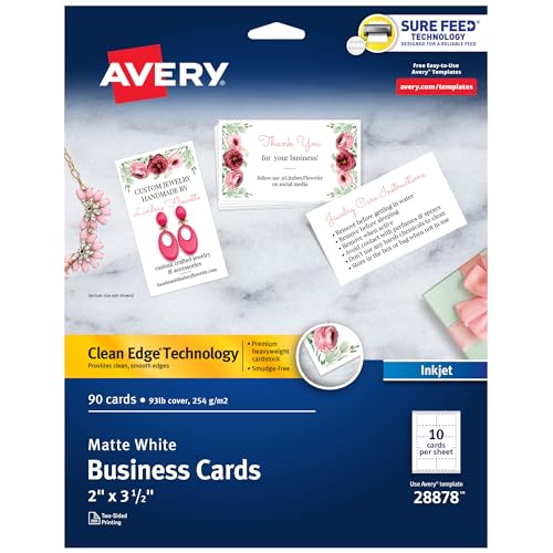 Avery Clean Edge Printable Business Cards with Sure Feed Technology, 2' x 3.5', White, 90 Blank Cards for Inkjet Printers (28878)