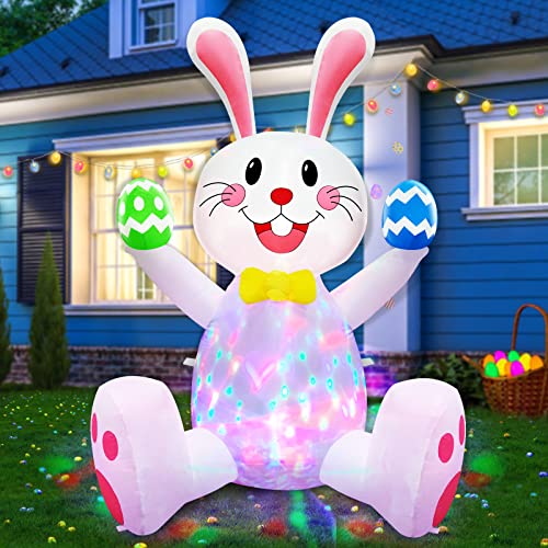 TURNMEON [ Rotating Colorful Lights ] 4 Ft Easter Inflatables Decorations Outdoor Blow Up Bunny Rabbit Holds Colorful Easter Eggs with Built-in LED Easter Decoration Yard Garden Lawn Party Indoor Home