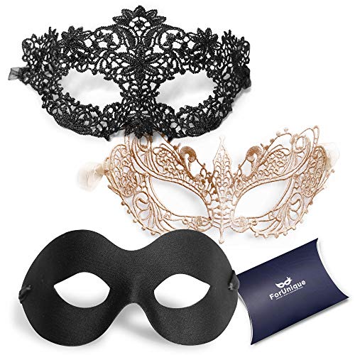 ForUnique Masquerade Mask for Couples Women and Men - 3 Pack Venetian Gold and Black Lace, Mardi Gras Mask