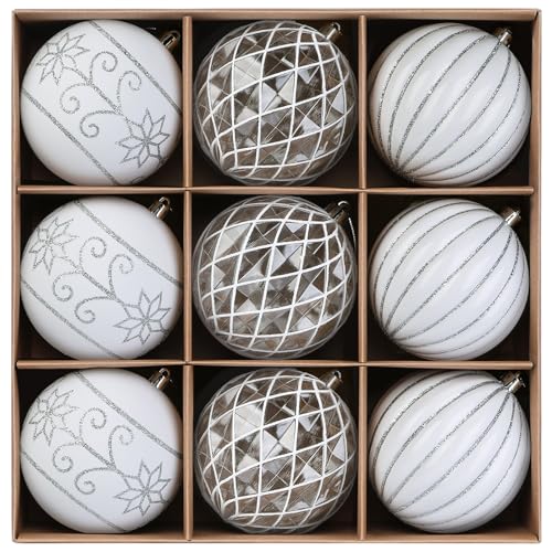 SHareconn 100MM/4 Inch Christmas Balls Ornaments 2023, 9PCS Colored Shatterproof Plastic Decorative Hanging Baubles Set for Xmas Tree Decor Holiday Party Wedding Decoration with Hook, White