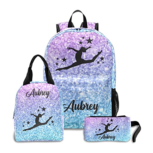 Gymnastic Pink Purple Sequins Personalized Backpack Set for Teen Boys Girls with Lunch Box & Pencil Pouch Bag Travel Backpack