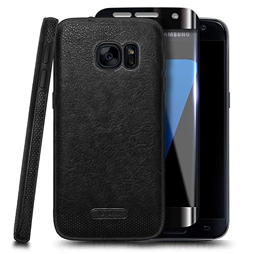 WDHD Phone Case for Samsung Galaxy S7 Edge with Screen Protector (Flexible TPU Film), Premium PU Leather Ultra Thin Slim Fit Soft Flexible Non-Slip Grip Shockproof Anti-Scratch Cover (Black)