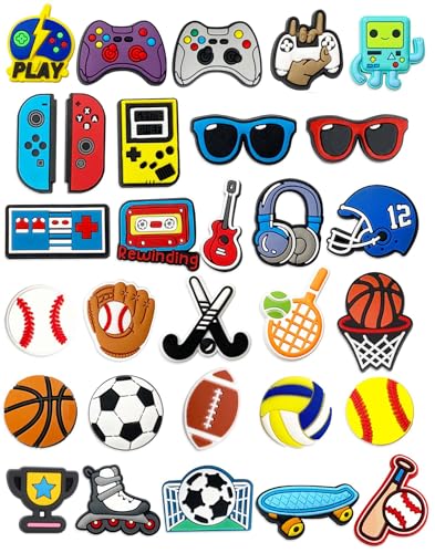 Canberly 30 PCS Shoe Charms Fits for Boys, Sports, Basketball, Football, Baseball, Soccer, Volleyball, Video Game Clogs Shoe Decoration Charms for Teens and Kids