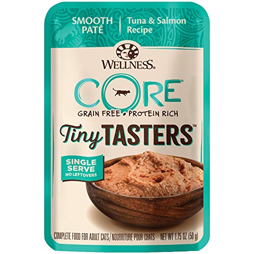 Wellness CORE Tiny Tasters Wet Cat Food, Complete & Balanced Natural Pet Food, Made with Real Meat, 1.75-Ounce Pouch, 12 Pack (Adult Cat, Tuna & Salmon Pate)