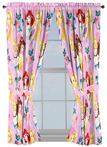 Jay Franco Disney Princess Sassy 63' Inch Drapes 4 Piece Set - Beautiful Room Décor & Easy Set Up, Bedding Features Cinderella & Belle - Window Curtains Include 2 Panels & 2 Tiebacks