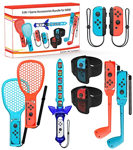 NinjaPlusOX Switch Sports Accessories Bundle for Nintendo Switch/Switch OLED Sports, 9 in 1 Family Sports Bundle with Glof Clubs,Tennis Rackets, Wrist Strap, Leg Straps, Sword