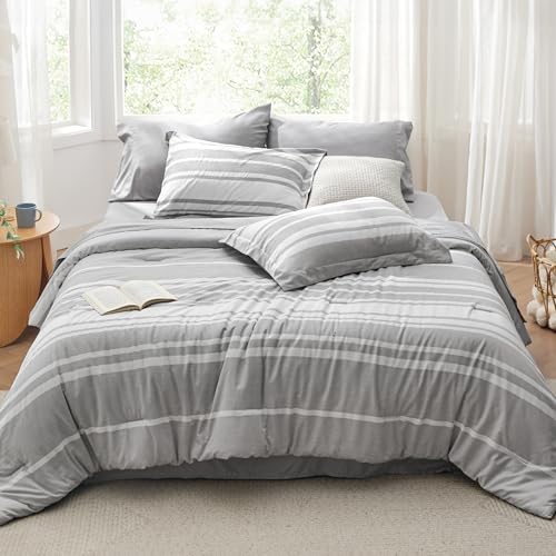 Bedsure Queen Comforter Set 7 Pieces, Grey White Striped Comforter for Queen Size Bed Reversible, Cationic Dyeing Bed in a Bag with Comforter, Sheets, Pillowcases & Shams