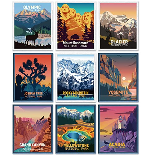 Outus 9 Pieces Vintage National Park Posters, National Park Art Prints Nature Wall Art and Mountain Print Set Abstract Travel Unframed for Hikers Campers Living Room Decor, 8 x 10 Inch(National Park)