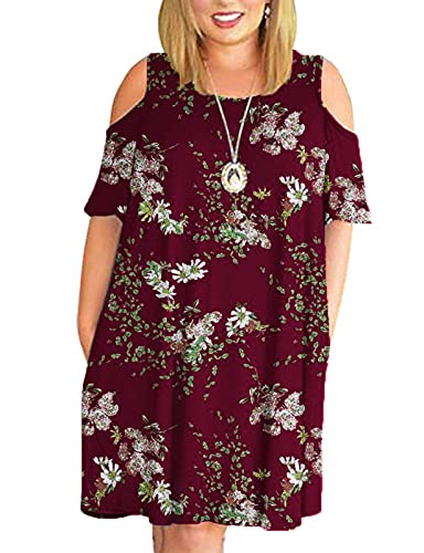 Kancystore Cold Shoulder Plus Size Dress for Women Summer Floral Printed Short Dresses XXL Flower Wine Red