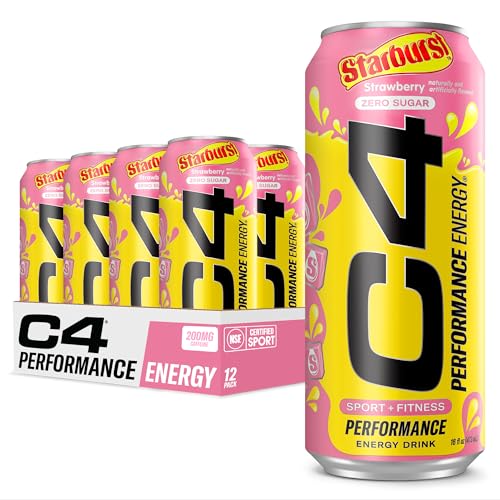 C4 Performance Energy Drink | STARBUST Strawberry | Zero Sugar Carbonated Preworkout Energy | 200mg Caffeine with Beta Alanine | 16 Fl Oz (12 Pack)