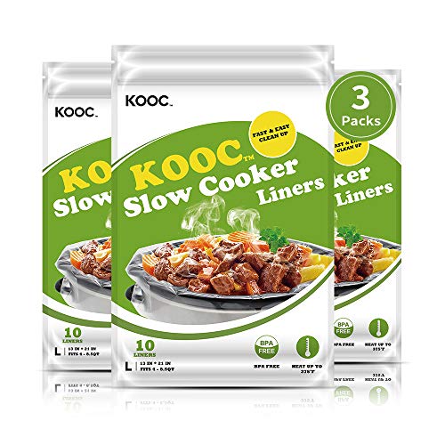 KOOC Disposable Slow Cooker Liners & Cooking Bags, Large Size (4-8.5 QT), 13'x 21', 3 Packs (30 Counts), Fresh Locking Seal Design, Oval & Round Pot Compatible, BPA Free.