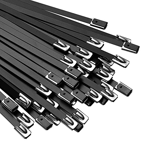 OFFO Black Zip Ties Made of Metal 11.8 Inch Ties Premium Heavy Duty Stainless Steel Wire Multifunctional Locking Exhaust Wrap Flexible Durable 30 Pce