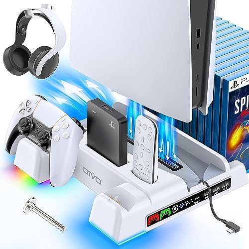 PS5 / PS5 Slim Stand and Cooling Station with RGB LED Controller Charging Station for Playstation 5 Console, PS5 Controller Charger, PS5 / PS5 Slim Accessories with 3 Level Cooling Fan