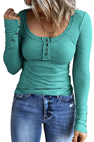 Kissfix Womens Boho Tops Teen Girls Cute Long Sleeve Shirts Casual Fall Henley Tshirt Blouses Basic Ribbed Knit Clothes Mint