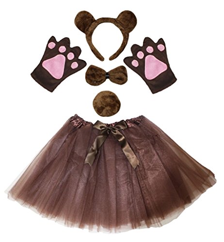 Petitebella Brown Bear Headband Bowtie Tail Gloves Tutu 5pc Lady Costume (One Size)