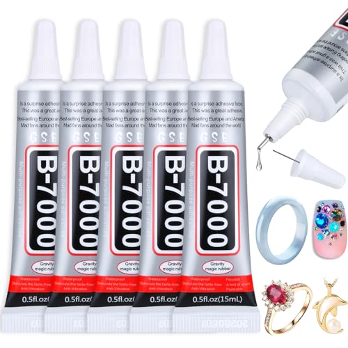 B7000 Jewelry Rhinestones Glue, Cludoo 5PCS B-7000 Clear Super Glue Transparent Industrial Adhesive for Phone Repair Jewelery Making Crafts Gem Fabric Metal Nail Art Stone Wood Glass Bead