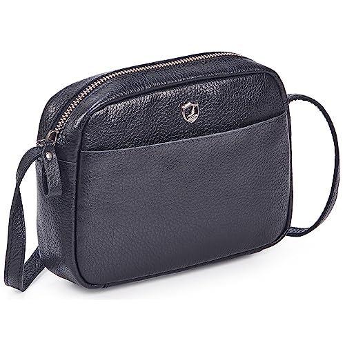 Crossbody Sling Bag for Women Trendy Real Leather Purse Mini Soft Pebbled Crossover with Card Case (Black Nappa)