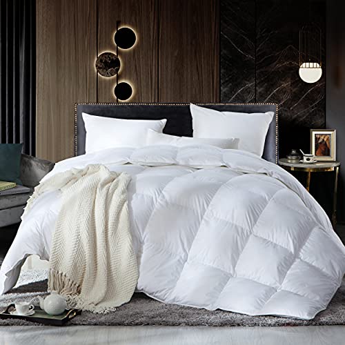 Luxurious King/California King Size Goose Down Feather Fiber Comforter Duvet Insert, 100% Egyptian Cotton Cover, 70 oz. Fill Weight, All-Season White Solid Comforter