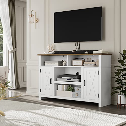 HOSTACK Barn Door TV Stand for TVs Up to 65', Modern Farmhouse Wood Entertainment Center, Media Console Table with Storage Cabinet & Adjustable Shelves, Buffet Sideboard for Dining Room, White
