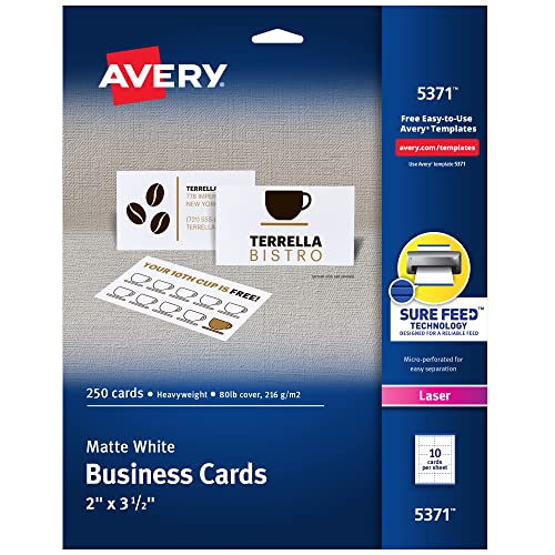 Avery Printable Business Cards with Sure Feed Technology, 2' x 3.5', White, 250 Blank Cards for Laser Printers (05371)