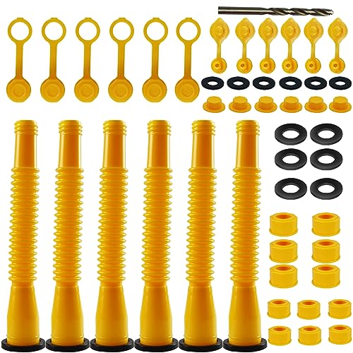 Gas Can Spout Replacement, Gas Can Nozzle Kit 6 Sets, Base Caps, Thick Rubber Gaskets and Drill Bit Suitable for Most 1/2/5/10 Gal Oil Cans (PP-6)