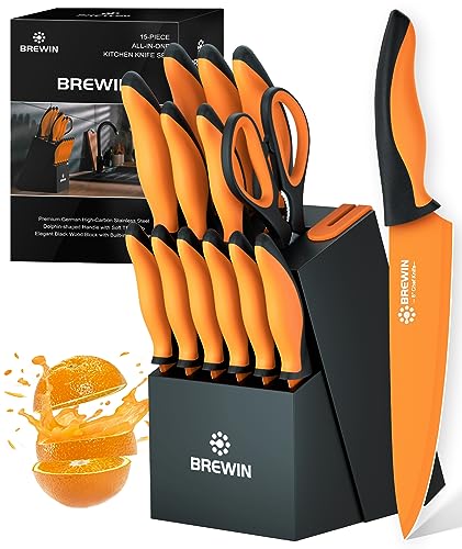Brewin Knife Set, 15-Piece Kitchen Knife Set with Block, German Stainless Steel Sharp Knives Set for Kitchen with Built-in Sharpener, Ergonomic TPR Anti-Slip Handle