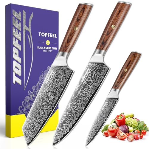 Topfeel Damascus Kitchen Knife Set 3 PCS, Ultra Sharp Chef Knife Set With Japan VG-10 Steel Core, Professional High Carbon Steel Japanese Knife Sets for Cooking With Ergonomic Wooden Handle & GIFT BOX