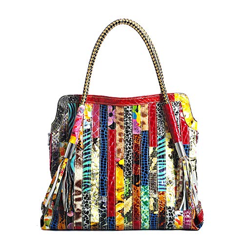 Segater Women’s Multicolor Boston Bag Genuine Leather Colorful Large Tote Handbag Purse Random Splicing Colors Shoulder Bag (Colorful-MIddle size)