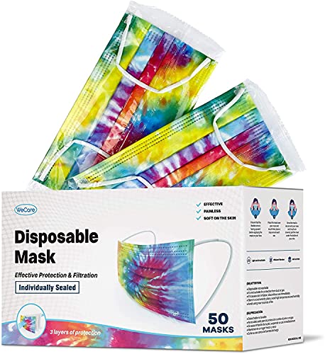 WECARE Disposable Face Mask Individually Wrapped - 50 Pack, Tie Dye Masks 3 Ply