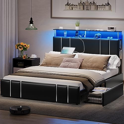 VIAGDO Bed Frame Queen Size with Bookcase Headboard and 4 Storage Drawers, Leather Upholstered Queen Bed Frame with Charging Station and LED Lights, Silver Iron Decor, No Box Spring Needed, Black