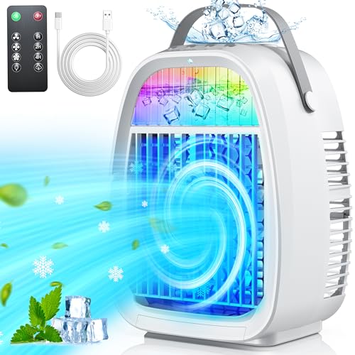 Portable Air Conditioners Fan,JYew Evaporative Mini Room Air Conditioners,Portable AC Unit Air Cooler with 4 in 1 Humidifier Fan Conditioner RGB Light, 3 Speed AC Portable for Room Car Office (White)